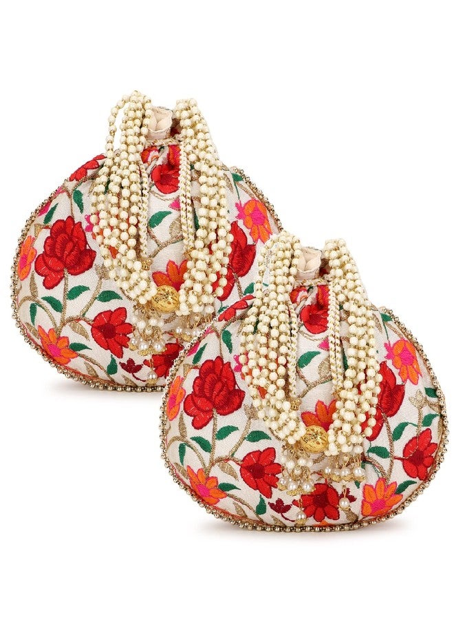 Anekaant Dangle Cream & Multi Floral Embroidered Faux Silk Potlis Combo (Pack of 2) ADCL1126AS2 - Image 1